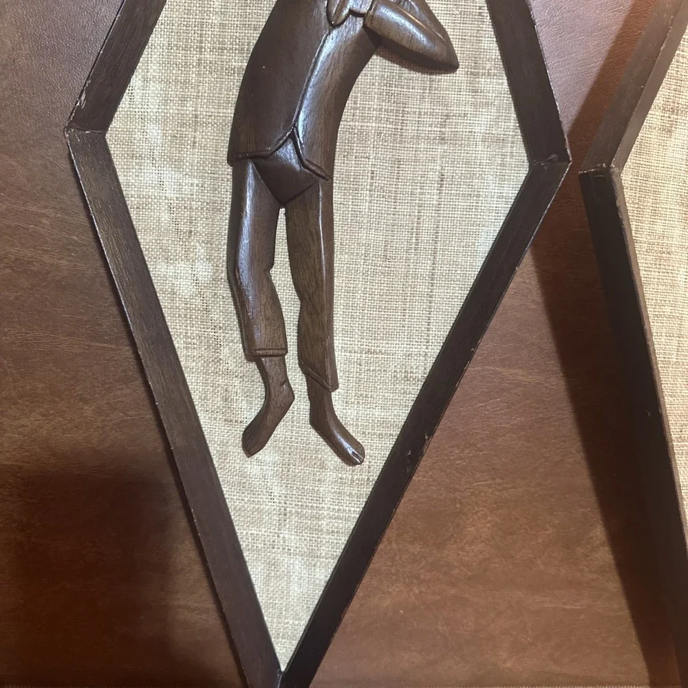 Vintage Mid Century Style Carved Wall Art Burlap Teak Wood 24